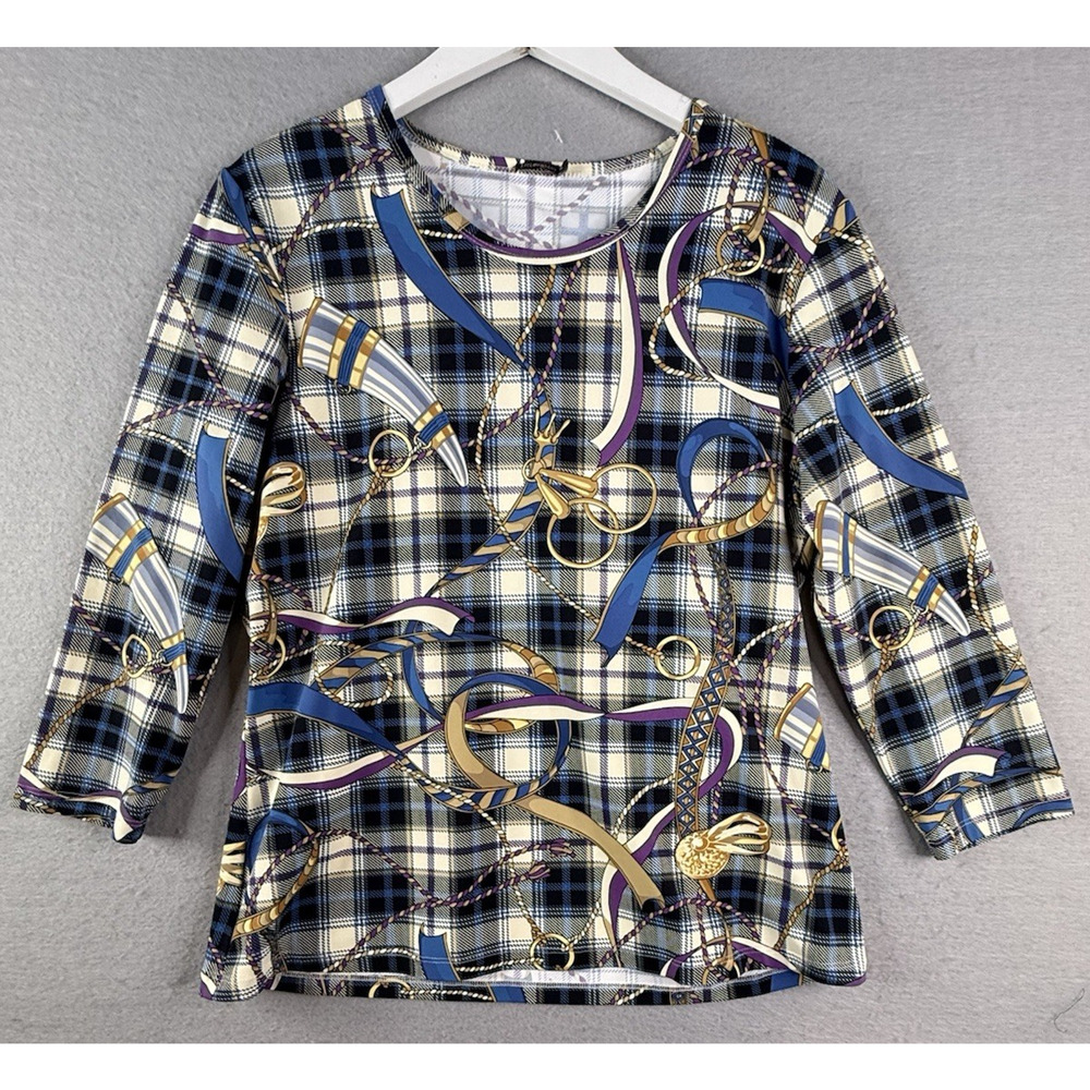 J McLaughlin Top Women XL Catalina Cloth Equestrian Plaid Bit Bridle‎ Preppy